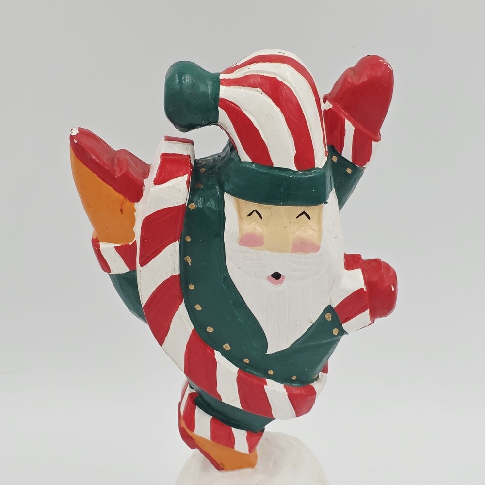 Vintage Hand-carved Jolly Santa On A Platform Snowball Happy Red White Green 10" - Picture 2 of 9